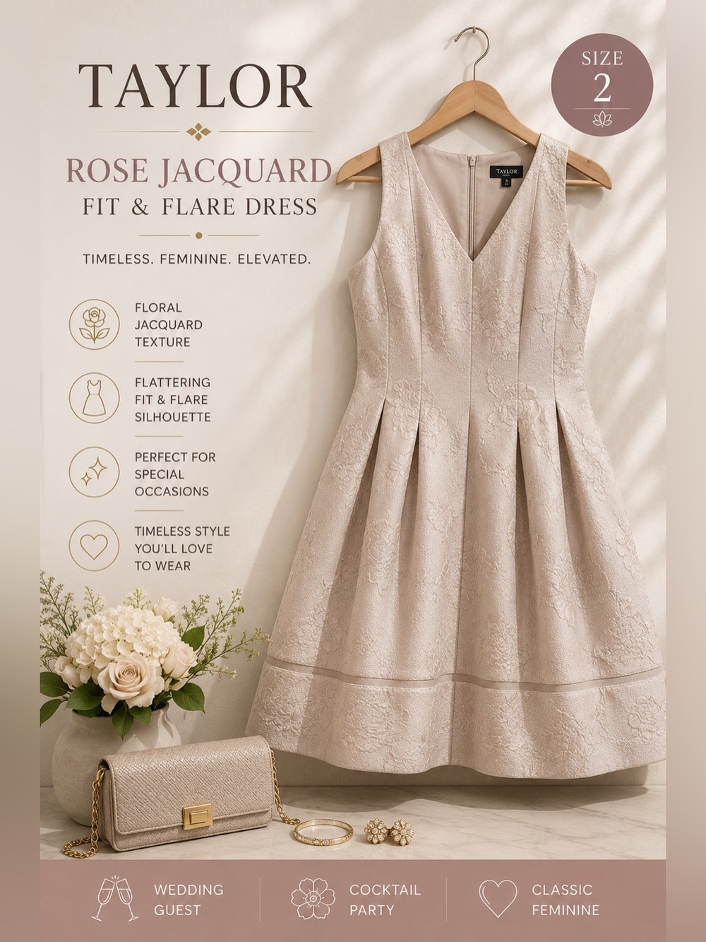 Taylor Rose Jacquard Fit & Flare Dress Light Taupe Size 2